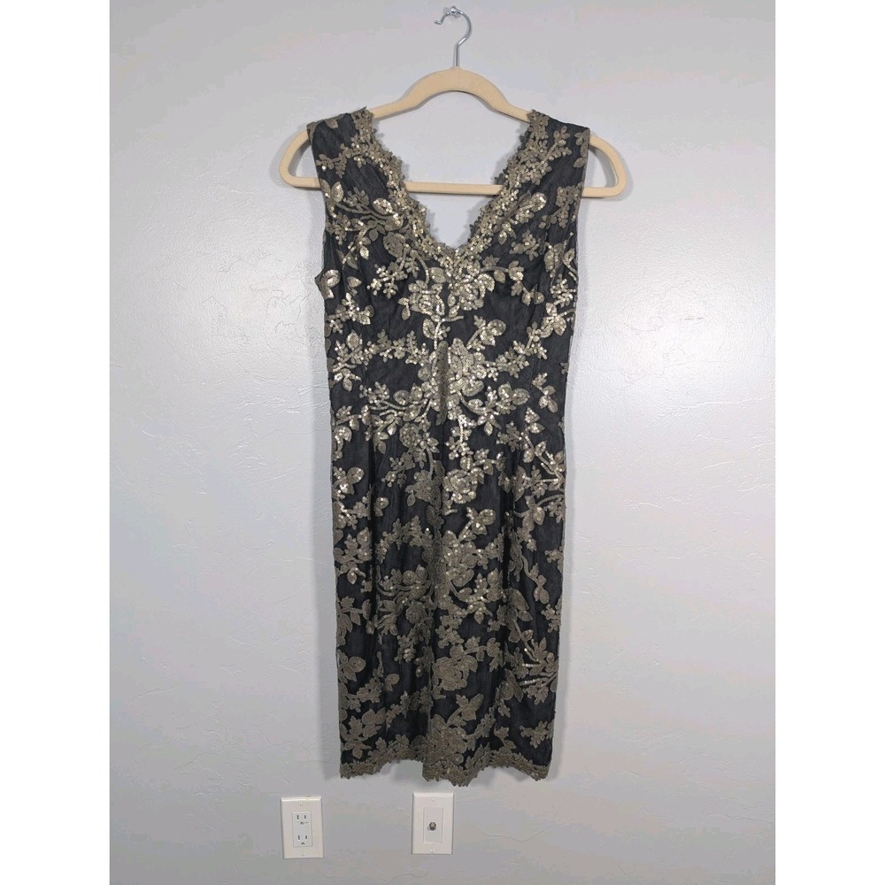 Tadashi Shoji Gold Sequin Floral Lace V-Neck Formal Dress Glam Black Gray 10